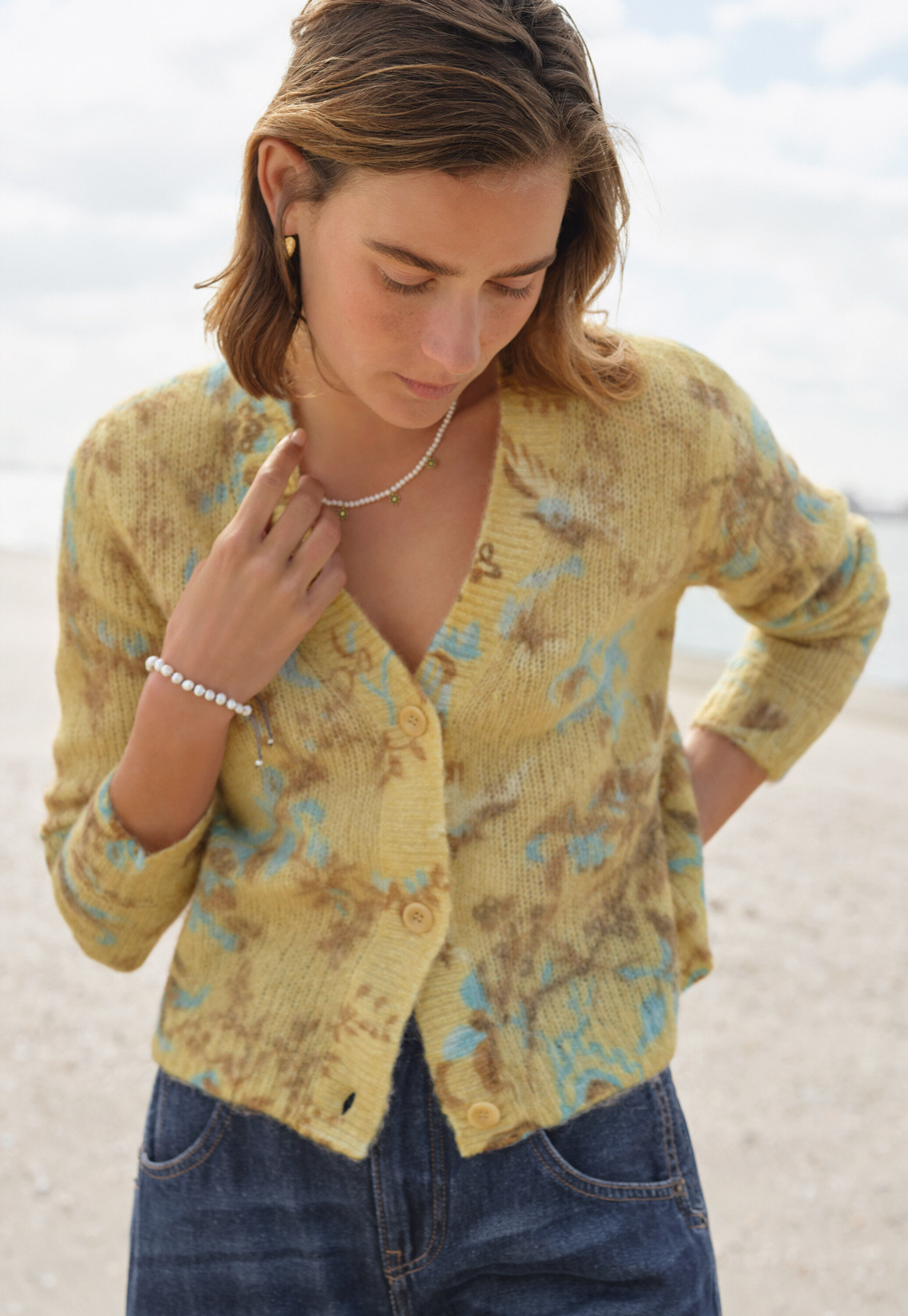 Bedruckter Cardigan, Zitrone/Himmelblau, large