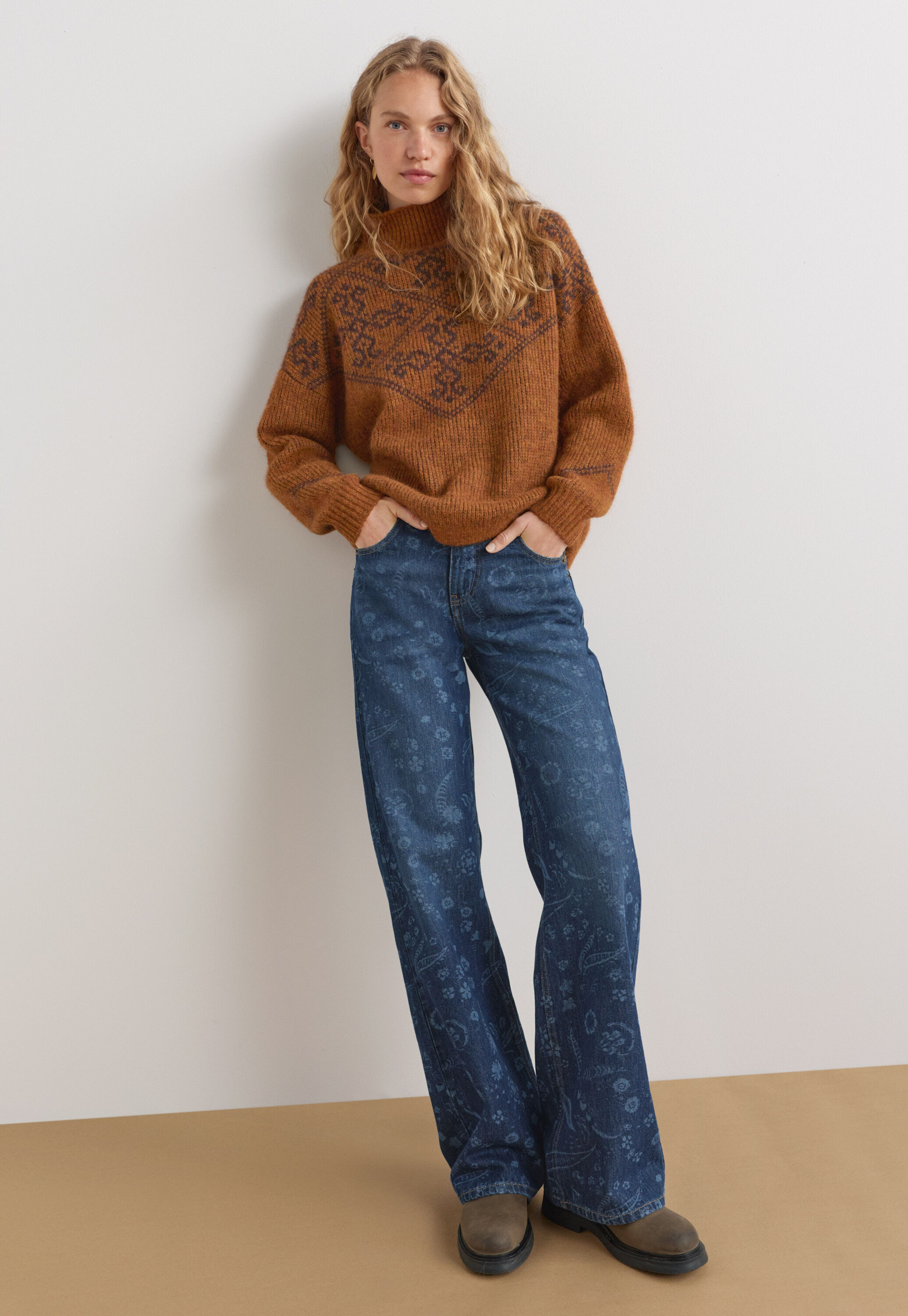 Jacquard-Pullover, Kupfer/Kaffee, large