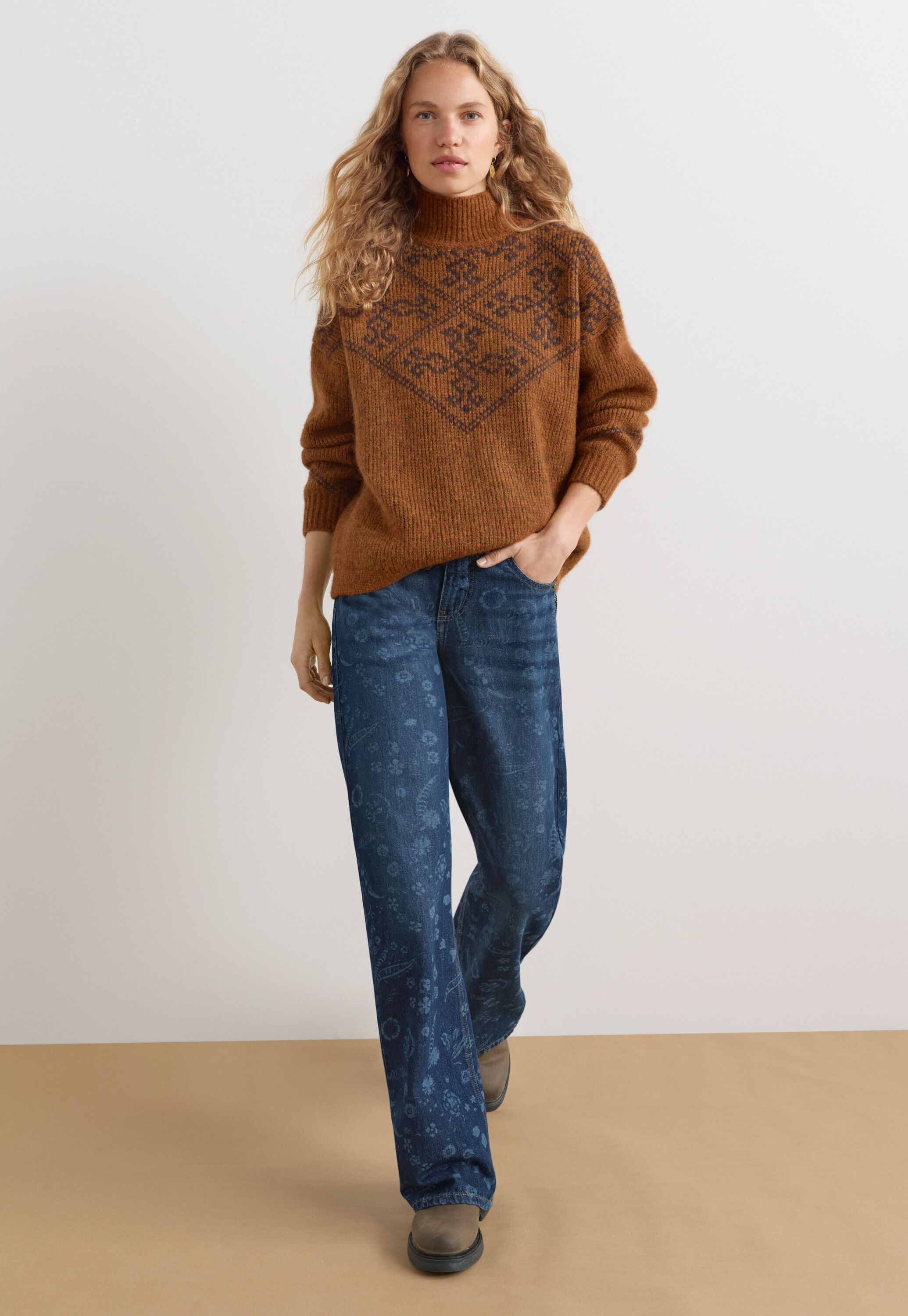 Jacquard-Pullover, Kupfer/Kaffee, large