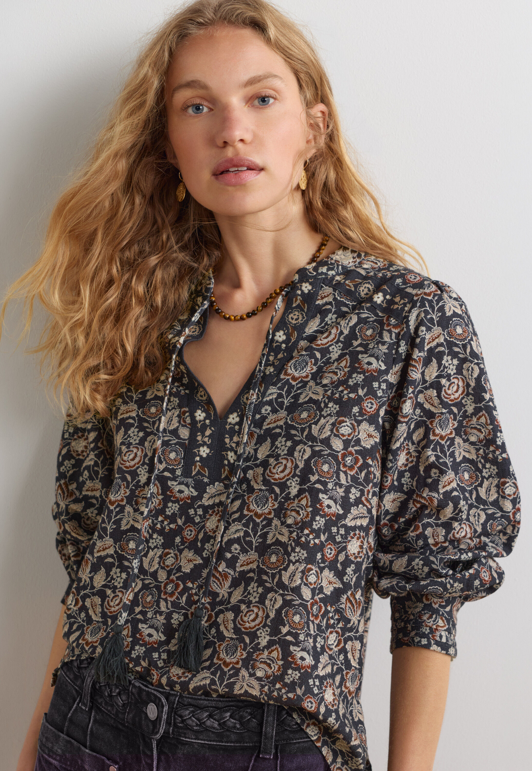 Bedruckte Bluse, Kohlschwarz/Mint, large