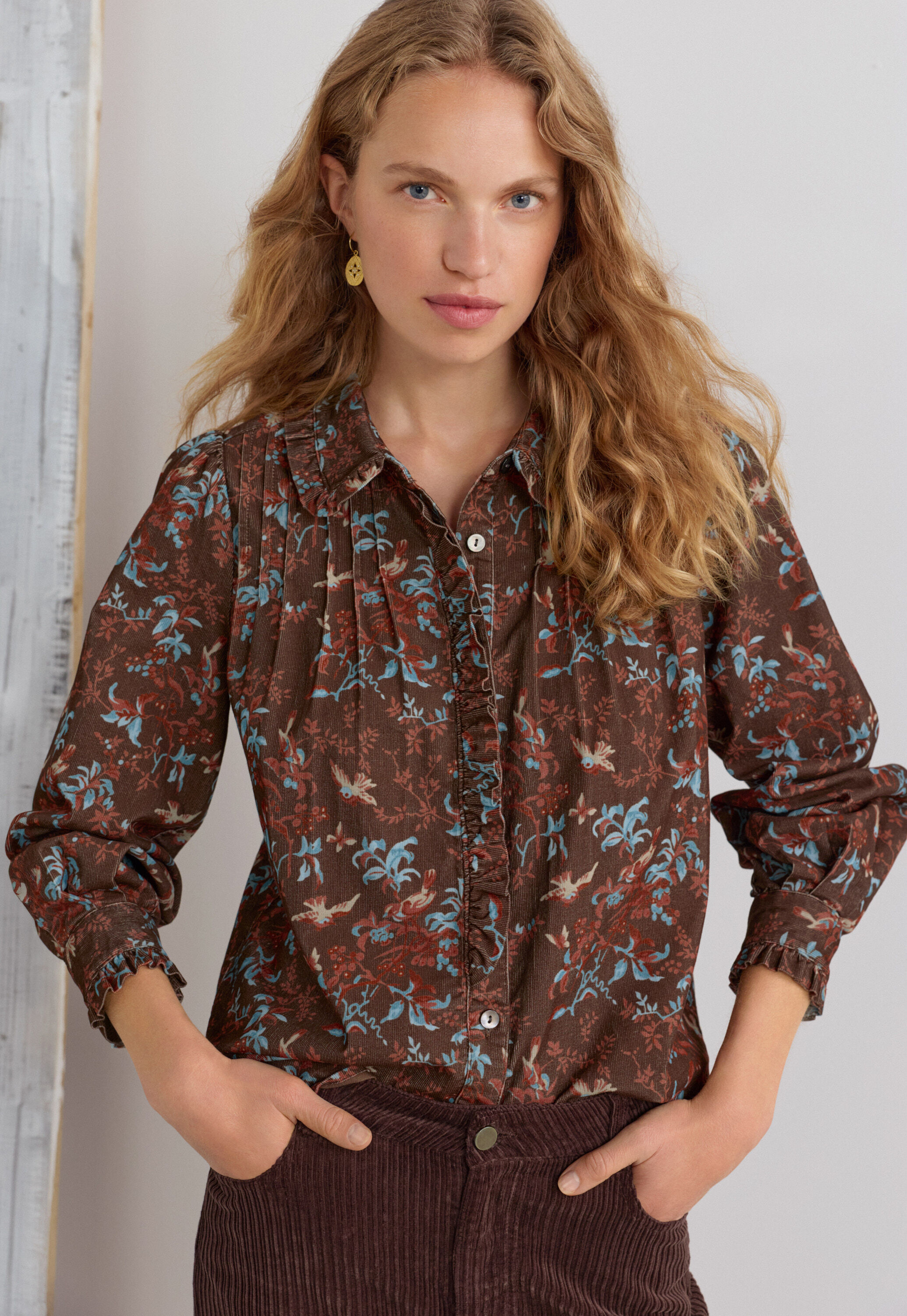 Bedruckte Faltenbluse, Himbeere/Espresso, large