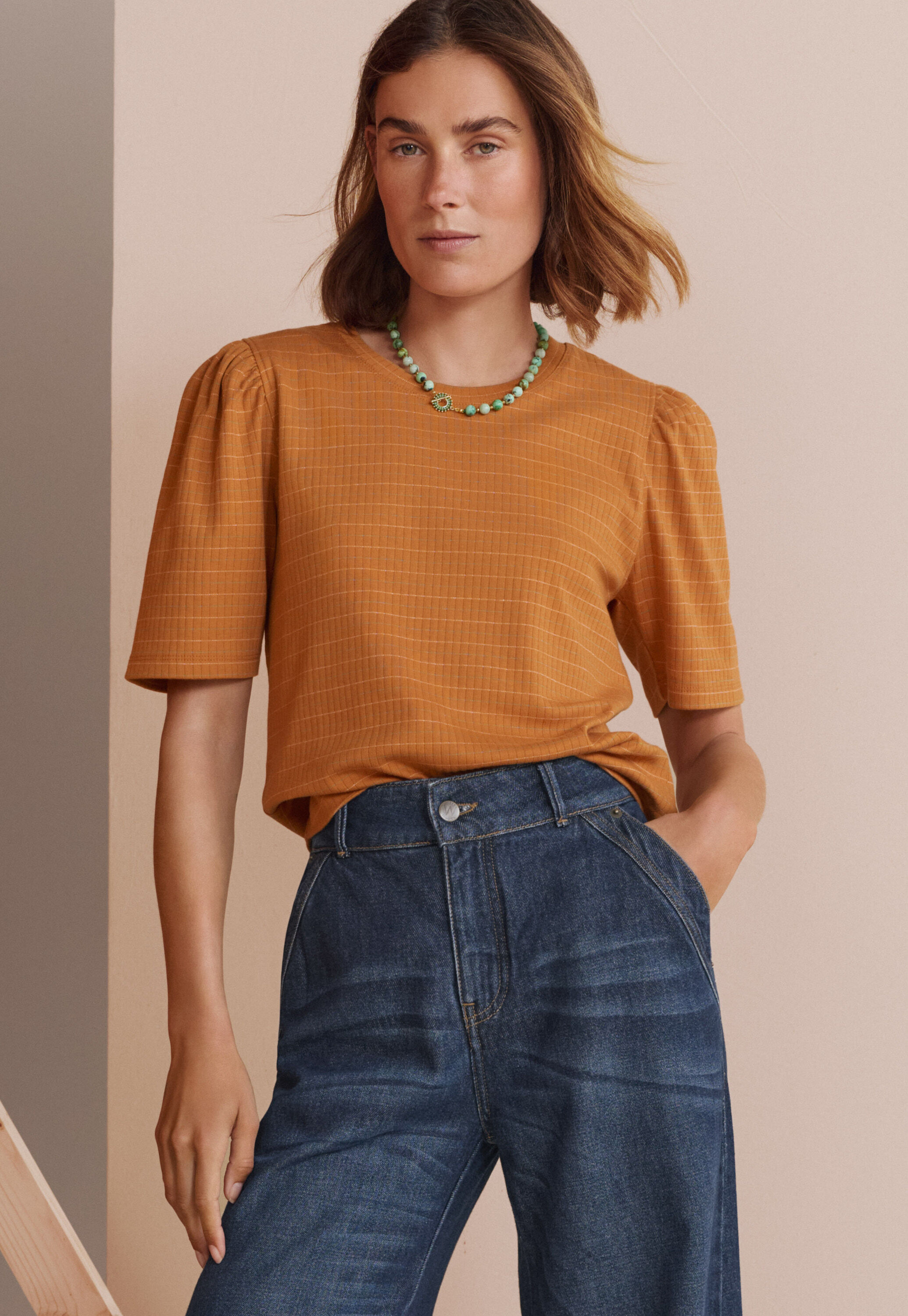 T-Shirt mit Puff&auml;rmeln, Ingwer, large
