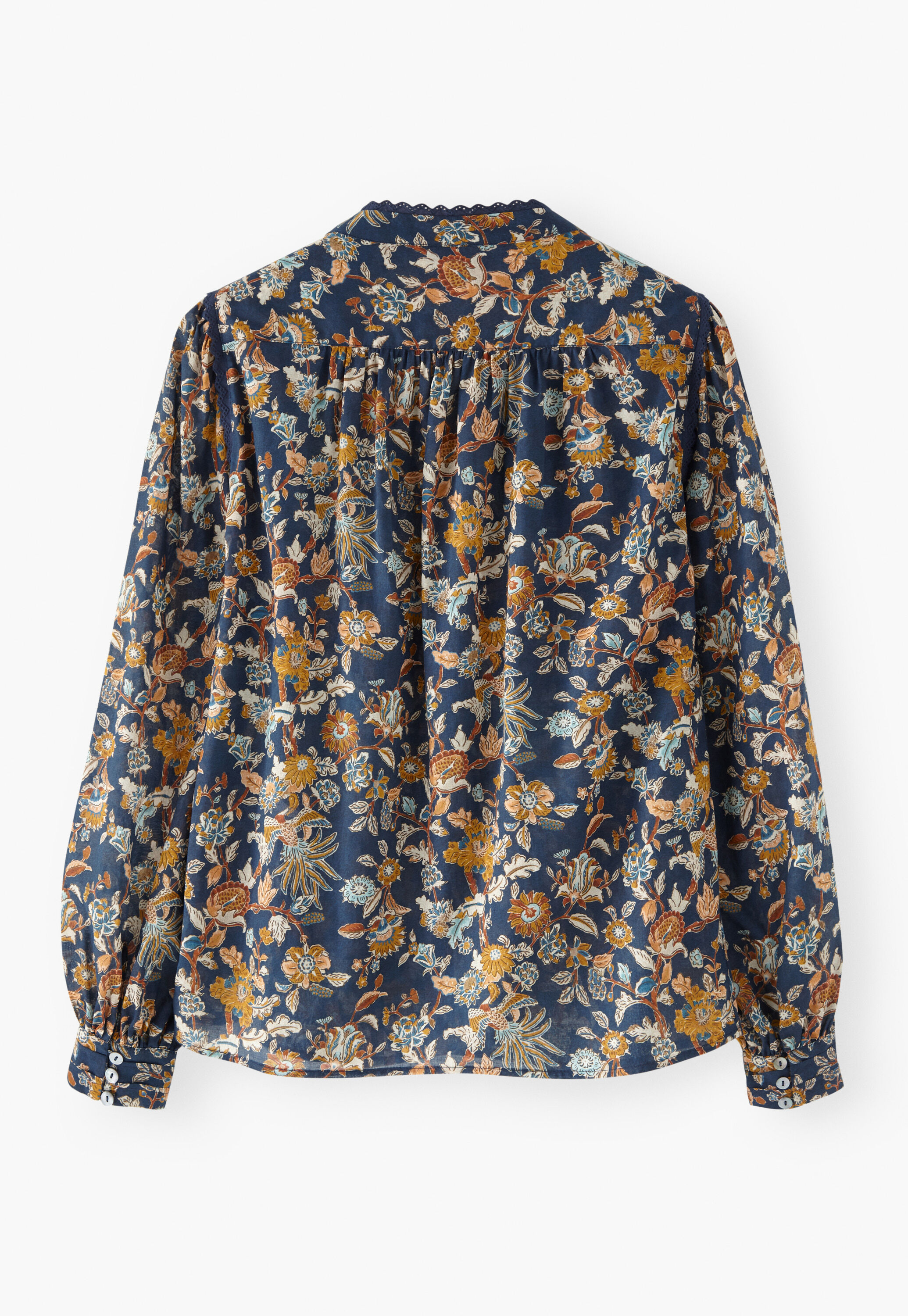Bedruckte Bluse mit Faltendetails, Indigo/Ocker, large