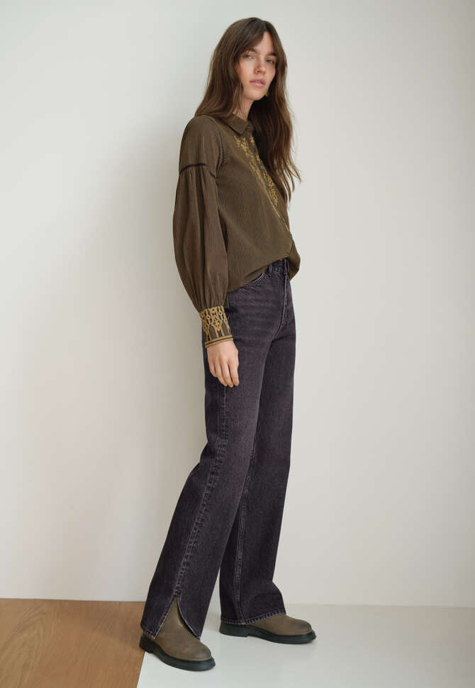 Bestickte Bluse mit eingewebten Streifen, Espresso/Rehbraun, completeTheLook
