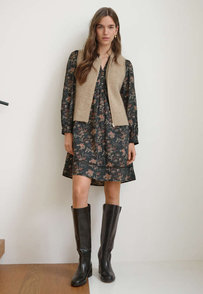 Kleid mit Print und Spitze, Kohlschwarz, completeTheLook