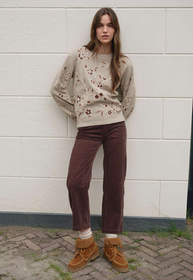 Besticktes Jersey-Oberteil, Helles Taupe, completeTheLook