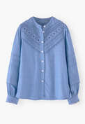 Chambray-Bluse mit Biesen, Kornblume, webstill